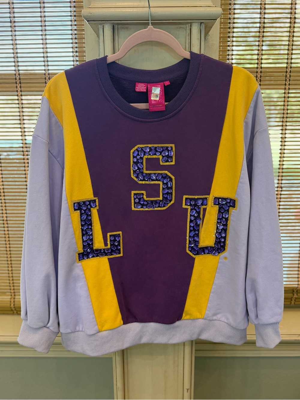 QUEEN OF SPARKLES Purple, Yellow & Lavender licensed LSU Sweatshirt-NWOT